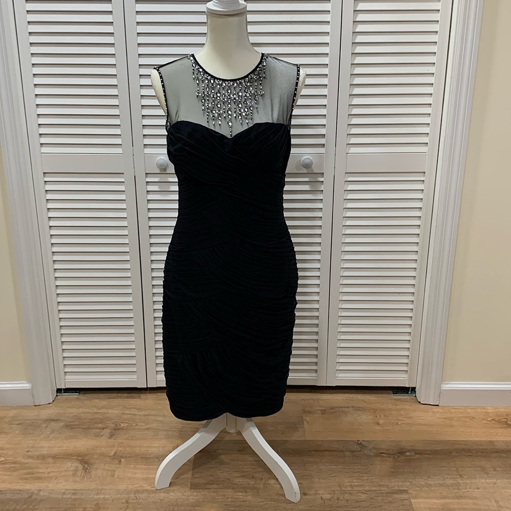 Adrianna Papell Dark Blue Ruched Cocktail Dress Sz 10 – Rhinestone Glamcore Neck